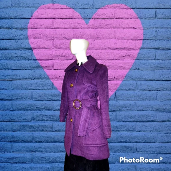 💜1960's-1970's Vintage Purple Wool Belted Coat - Picture 2 of 15